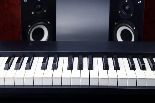 Дві стерео аудіодинаміки та клавіші піаніно крупним планом на темному фоні — стокове фото