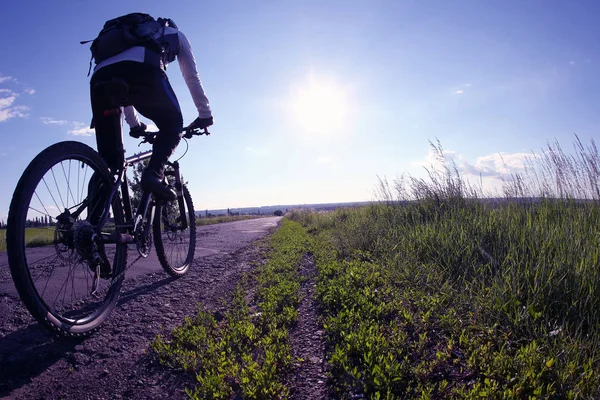 Ciclista monta en el camino hacia el sol — Foto de Stock