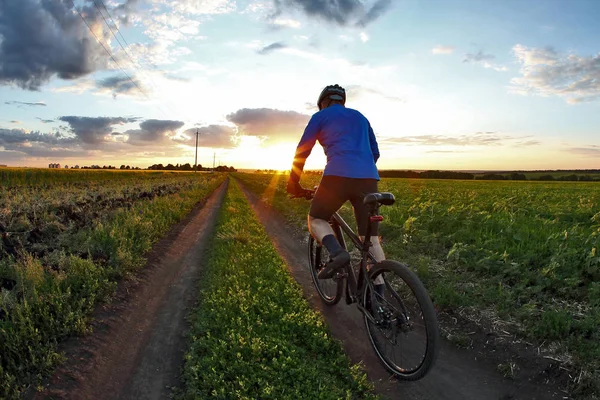 bisikletçi bir bisiklet ile günbatımında bir yolda gidiyor