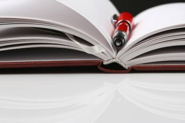 Kırmızı kalem bir açık defter üzerinde yalan