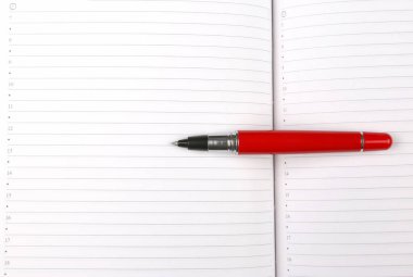 Kırmızı kalem bir açık defter üzerinde yalan