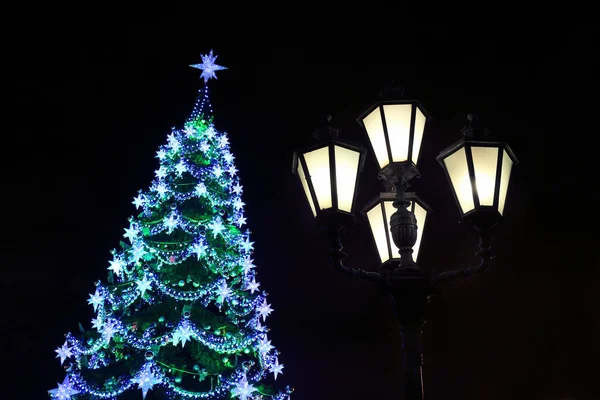 baubles ve çelenk Noel ağacı ve city Light ile dekore edilmiş