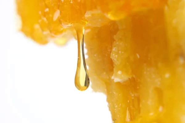 Мед, що тече з медоносних сіток на світлому фоні — стокове фото