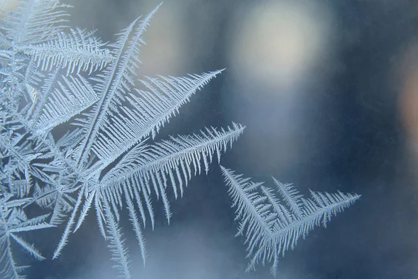 Frostiga mönster på fönster glas närbild — Stockfoto