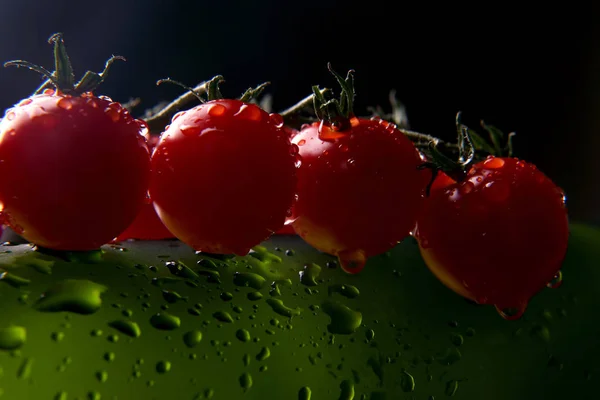 stock image the tomatoes in the water drops on green background