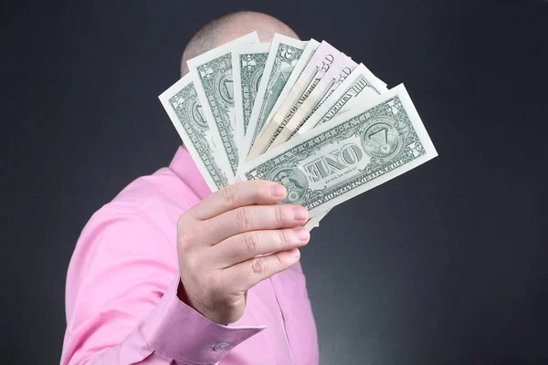 Hand Man Pink Shirt Holding Dollar Bills — Stock Photo, Image