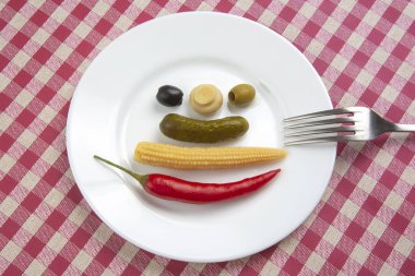 Zeytin, salatalık turşusu, kırmızı biber, mantar ve mısır.