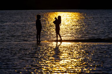suyun yansıması bir çocuk ve bir köpek iki siluetleri 