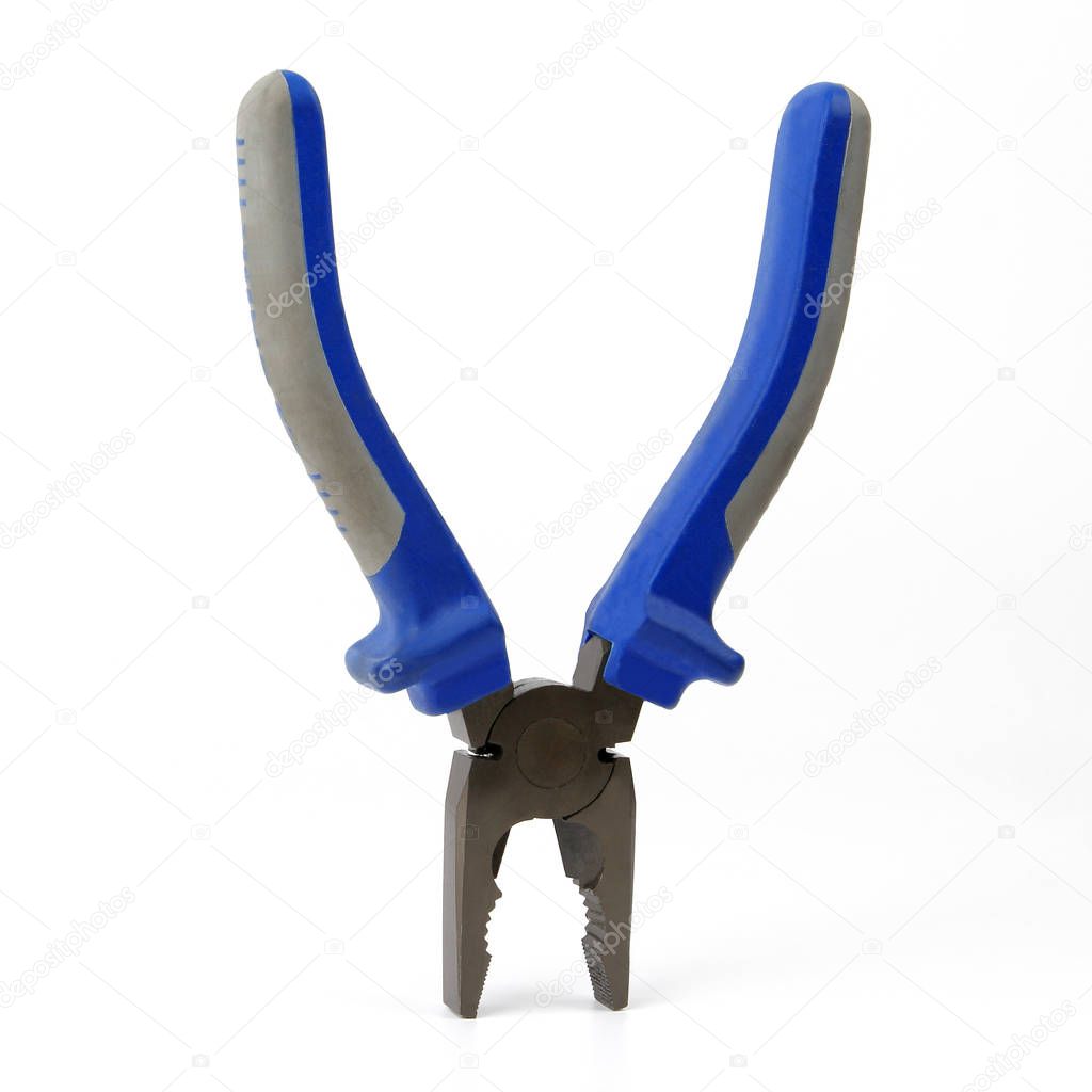 pliers with blue and grey handles on white background