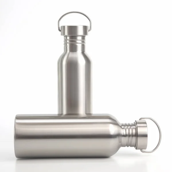 Metal steel water flasks on white background. metal drinking ute — 스톡 사진