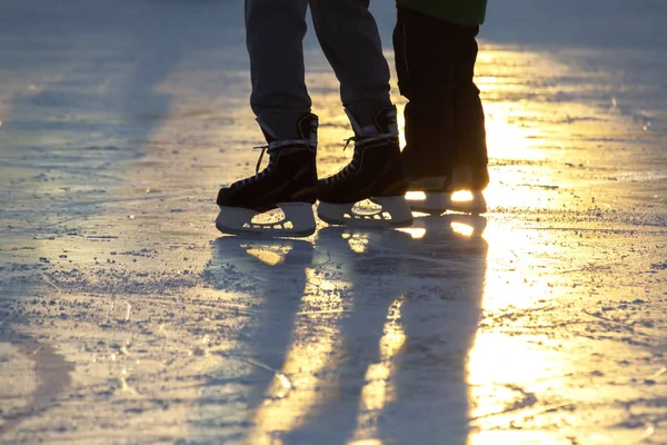 Legs of people skating on an ice rink in the sunlight. Hobbies a — Stock Photo, Image