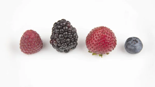 Ostružiny, malinové borůvky a jahody na bílém hřbetě — Stock fotografie
