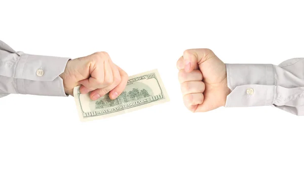 Male hands with money in front of a fist on a white background. — Stock Photo, Image
