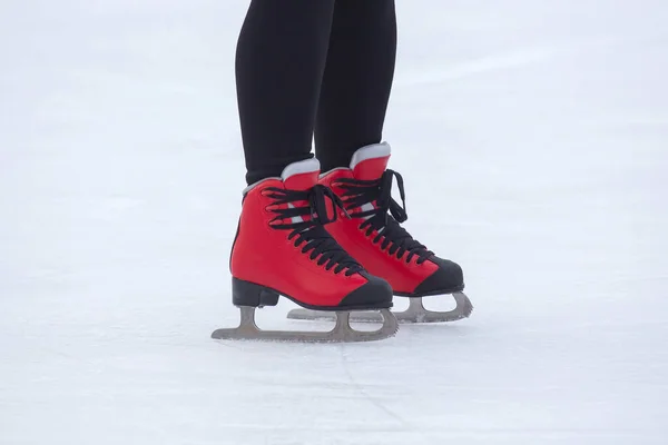 Pés Patins Vermelhos Uma Pista Gelo Hobbies Lazer Esportes Inverno — Fotografia de Stock