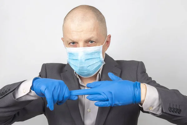 Business Man Medical Mask Takes Protective Gloves Hands Virus Quarantin — Stock Photo, Image