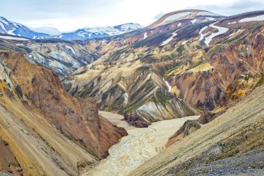 Landmannalaugar 'ın volkanik manzarasının renkli dağları. İzlanda