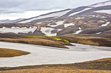 Landmannalaugar 'ın volkanik manzarasının renkli dağları. Icelan