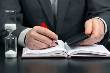 Ofisteki iş adamı bir kum saatinin arka planında cep telefonuyla çalışıyor. iş ve başarılı hedef