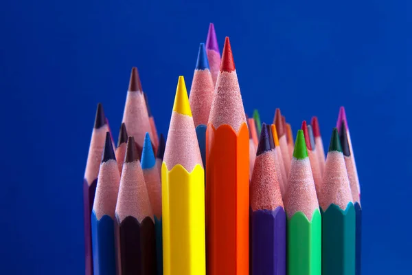 Set Color Pencils Bright Blue Background Drawing Tools Palette Creativit — Stock Photo, Image