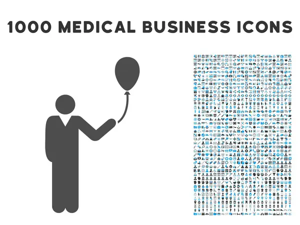Ο άνθρωπος με το εικονίδιο μπαλόνι διακοπών με 1000 ιατρικές επαγγελματίες εικονογράμματα — Διανυσματικό Αρχείο