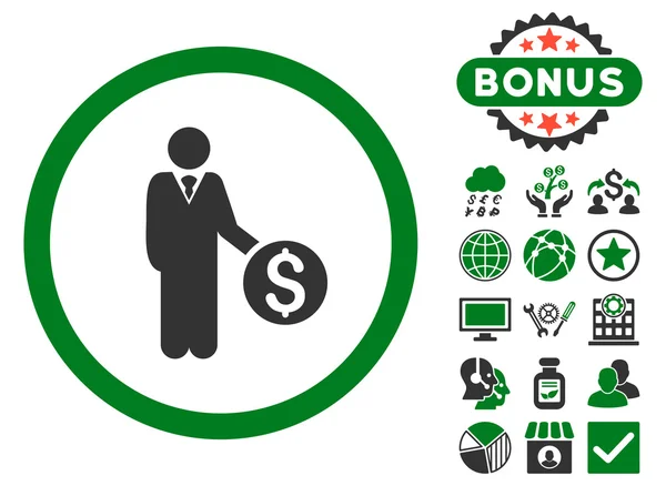 Banchiere piatto vettoriale icona con bonus — Vettoriale Stock