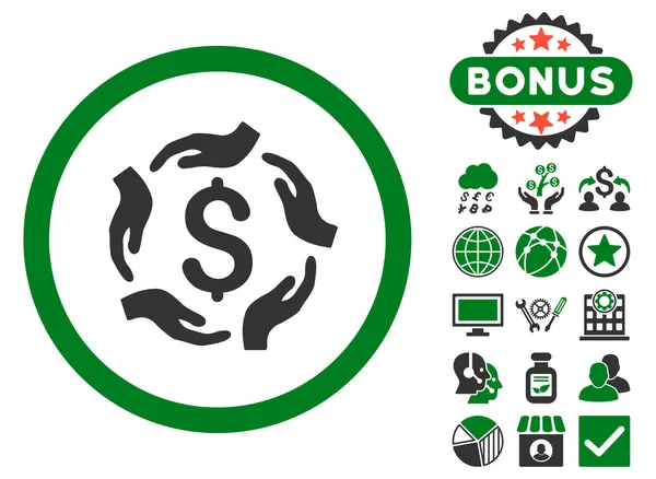 Dollar zorg handen plat Vector Icon met Bonus — Stockvector