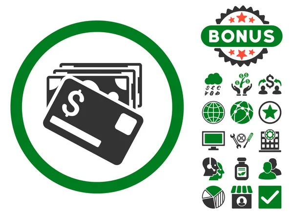 Billetes de banco y tarjeta plana Vector icono con bono — Vector de stock