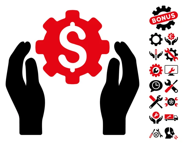 Ícone plano do vetor das mãos da manutenção bancária com bônus das ferramentas — Vetor de Stock