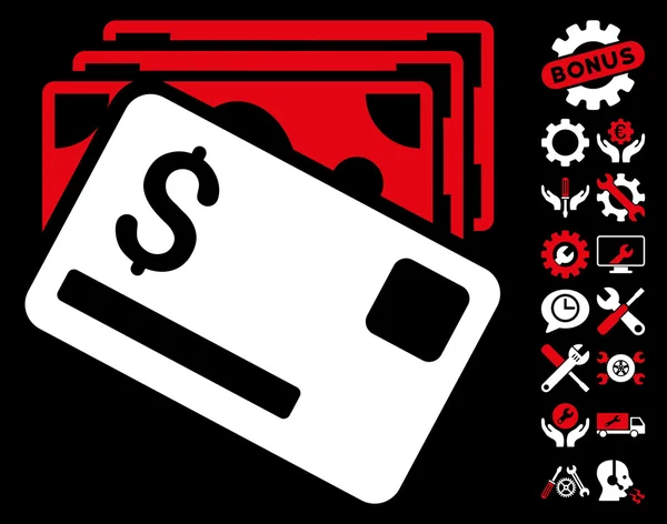 Billetes y tarjeta plana Vector icono con herramientas de bonificación — Vector de stock