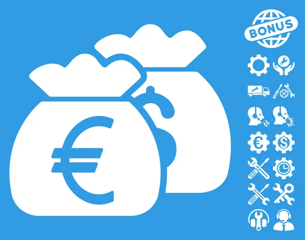 Euro Money Bags Flat Vector Icon With Tools Bonus — Stock Vector