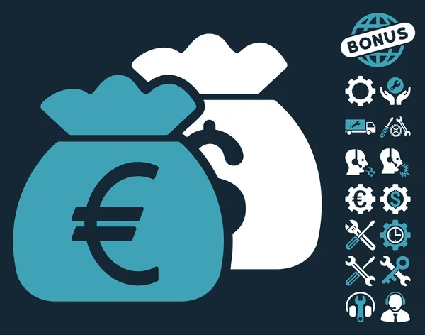 Euro Money Bags Flat Vector Icon With Tools Bonus — 스톡 벡터