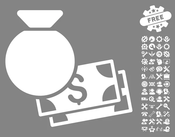 Torba na pieniądze płaska ikona wektora z narzędziami bonus — Wektor stockowy