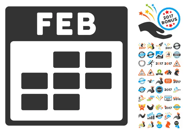 Febrero Calendario Cuadrícula plana Vector Icono Con Bono — Vector de stock
