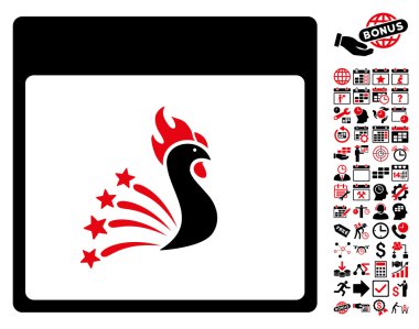 Bonus ile şenlikli horoz takvim sayfa düz vektör simgesi