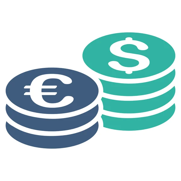 Dollar och Euro mynt stackar platt vektor-ikonen — Stock vektor