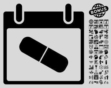 Bonus ile uyuşturucu hap takvim gün düz vektör simgesi