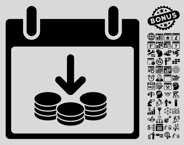 Monedas Calendario de ingresos Día Vector plano icono con bono — Archivo Imágenes Vectoriales