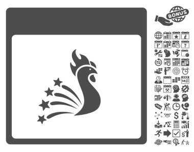 Bonus ile şenlikli horoz takvim sayfa düz vektör simgesi