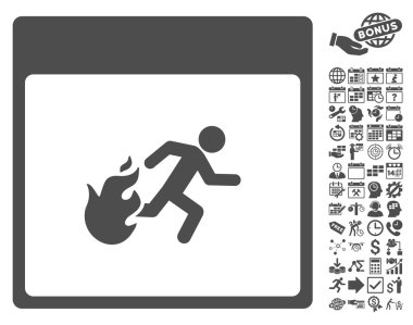 Bonus ile yangın tahliye adam takvim sayfa düz vektör simgesi