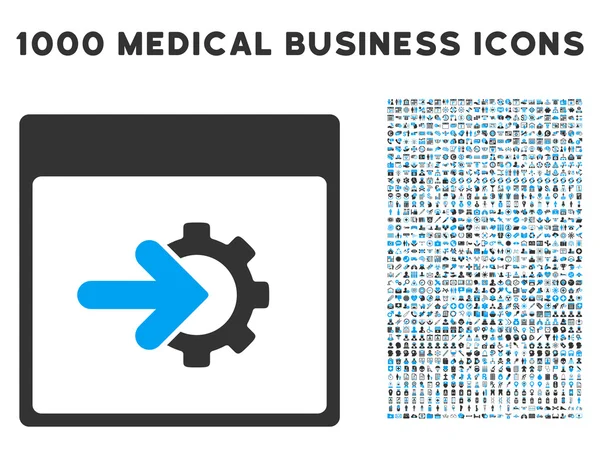 Ícone da página do calendário da integração da engrenagem com 1000 símbolos médicos do negócio — Vetor de Stock