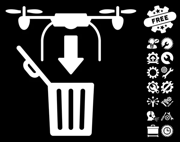 Drone Drop Trash Vector Icon With Tools Bonus — Stock Vector