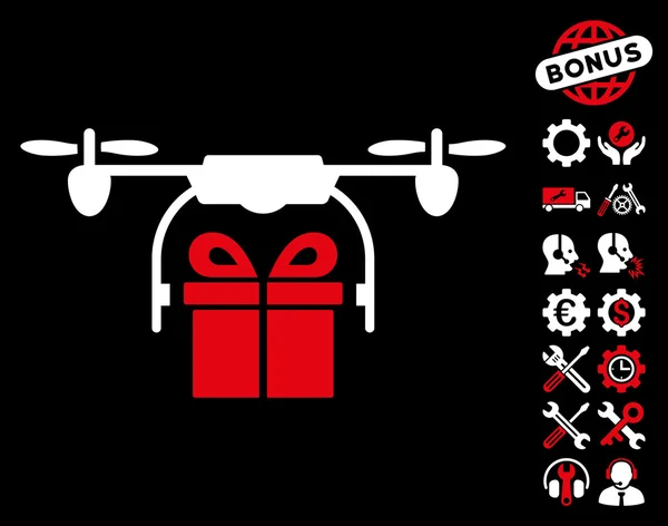 Drohne Geschenk Lieferung Vektor-Symbol mit Werkzeugen Bonus — Stockvektor