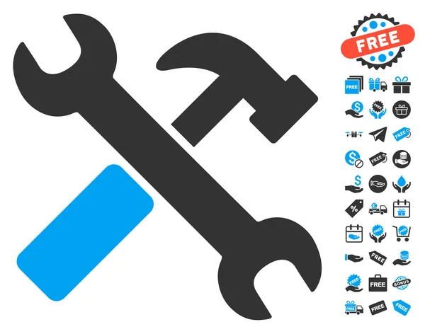 Icono de martillo y llave inglesa con bono gratis — Vector de stock