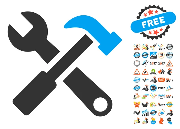 Hammer and Wrench Icon with 2017 Year Bonus Pictograms — стоковый вектор