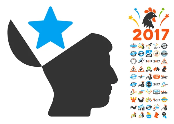 Open Head Star Icon With 2017 Year Bonus Pictograms — Διανυσματικό Αρχείο