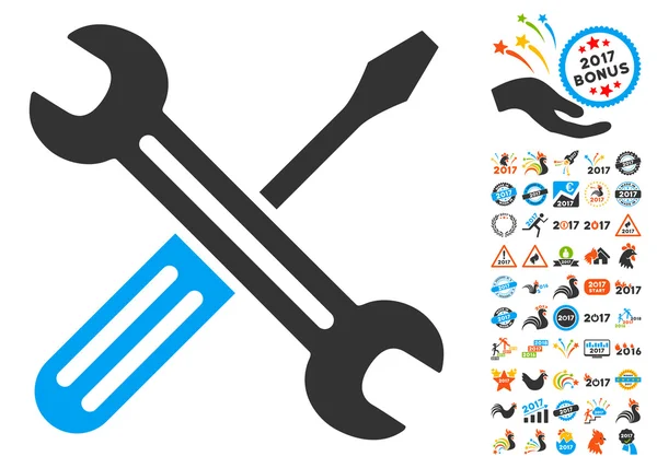 Schraubenschlüssel und Schraubenzieher-Symbol mit Jahresbonus-Symbolen 2017 — Stockvektor