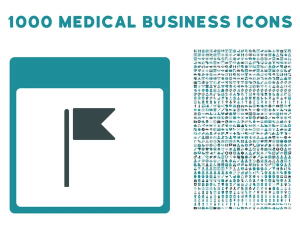 Σημαία εικονίδιο σελίδας ημερολογίου με τις 1000 ιατρικές επιχειρήσεις σύμβολα — Διανυσματικό Αρχείο