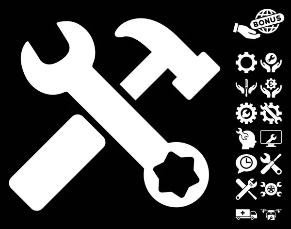 Hammer und Schraubenschlüssel Vektor-Symbol mit Werkzeugbonus — Stockvektor