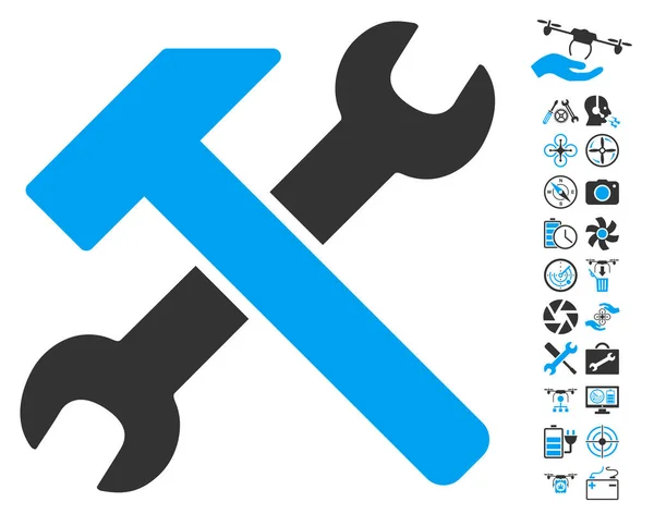 Icono de martillo y llave inglesa con herramientas de drone de aire Bono — Vector de stock