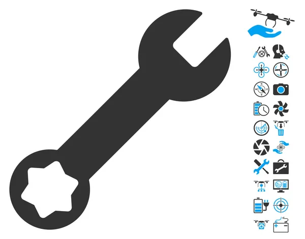 Icono de llave inglesa con el bono de herramientas de drone de aire — Vector de stock